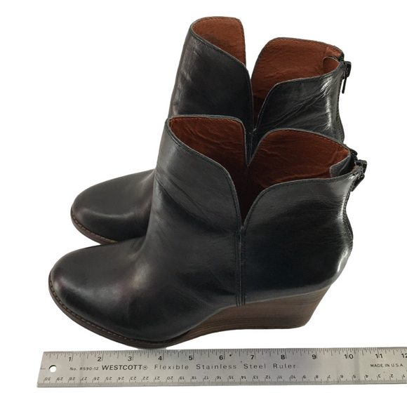 LUCKY BRAND Yolene Black Leather Ankle Booties w/3.5" Stacked Wedge Heel—Sz 9M - Picture 16 of 16